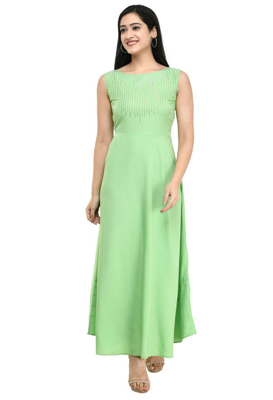 Embellished Partywear Pista Green Maxi Dress
